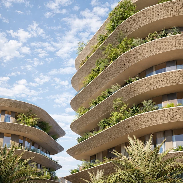 Dettaglio del render: balconi curvi con schermature a motivi e fioriere, visti dal basso – Hotel 5 stelle e appartamenti branded con servizi, Il Cairo, Egitto, 2026 – architettura, proposta