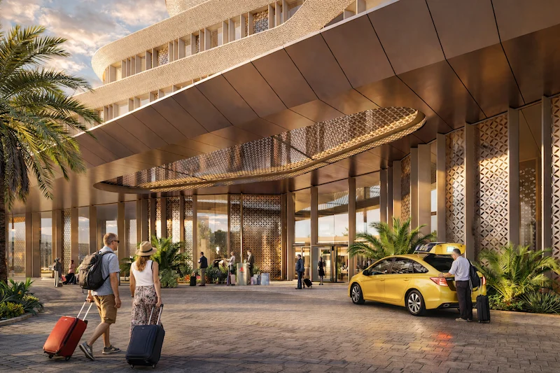 Render dell'ingresso dell'hotel: una profonda pensilina curva su colonne a motivi, ospiti in arrivo con i bagagli – Hotel 5 stelle e appartamenti branded con servizi, Il Cairo, Egitto, 2026 – architettura, proposta