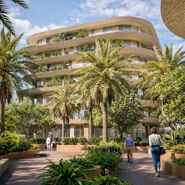 Render di un edificio residenziale curvo con balconi verdi, visto da un vialetto del giardino all'ombra delle palme – Hotel 5 stelle e appartamenti branded con servizi, Il Cairo, Egitto, 2026 – architettura, proposta