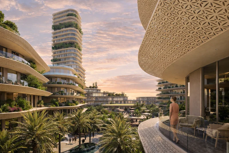 Render al tramonto da una terrazza curva affacciata su edifici a gradoni, giardini di palme e una torre verde – Hotel 5 stelle e appartamenti branded con servizi, Il Cairo, Egitto, 2026 – architettura, proposta