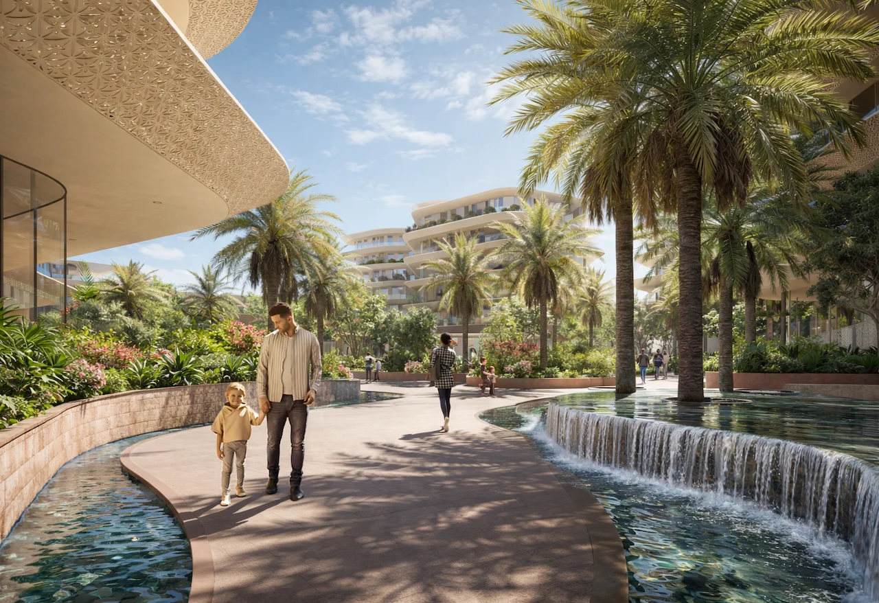 Render di un viale di palme accanto a vasche d'acqua a cascata, a sinistra la facciata curva a motivi dell'hotel – Hotel 5 stelle e appartamenti branded con servizi, Il Cairo, Egitto, 2026 – architettura, proposta