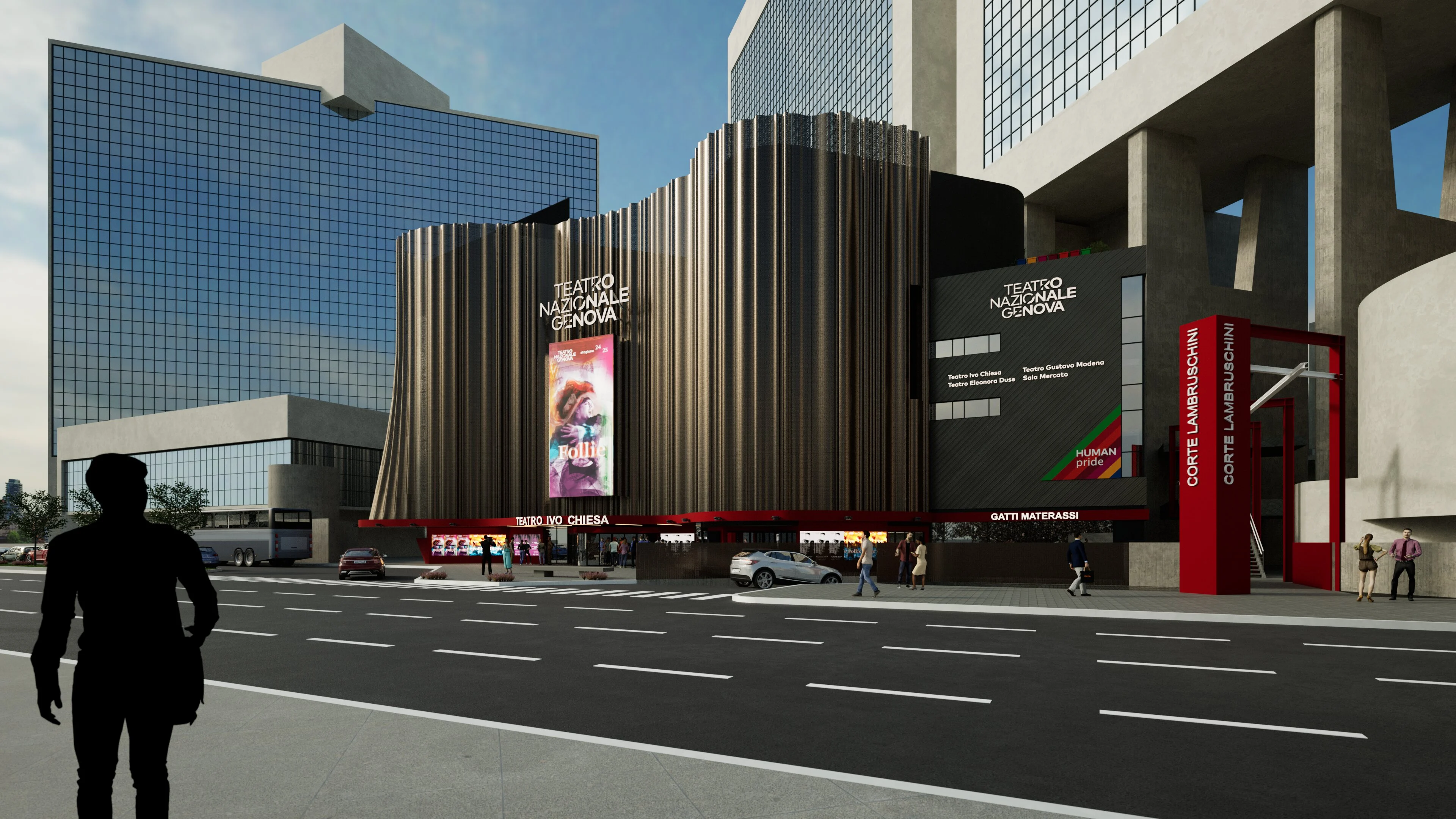 Render della nuova facciata del Teatro Nazionale dalla strada, con rivestimento metallico plissettato e schermo LED – Facciata del Teatro Nazionale Ivo Chiesa, Genova, Italia, 2025 – riqualificazione architettonica