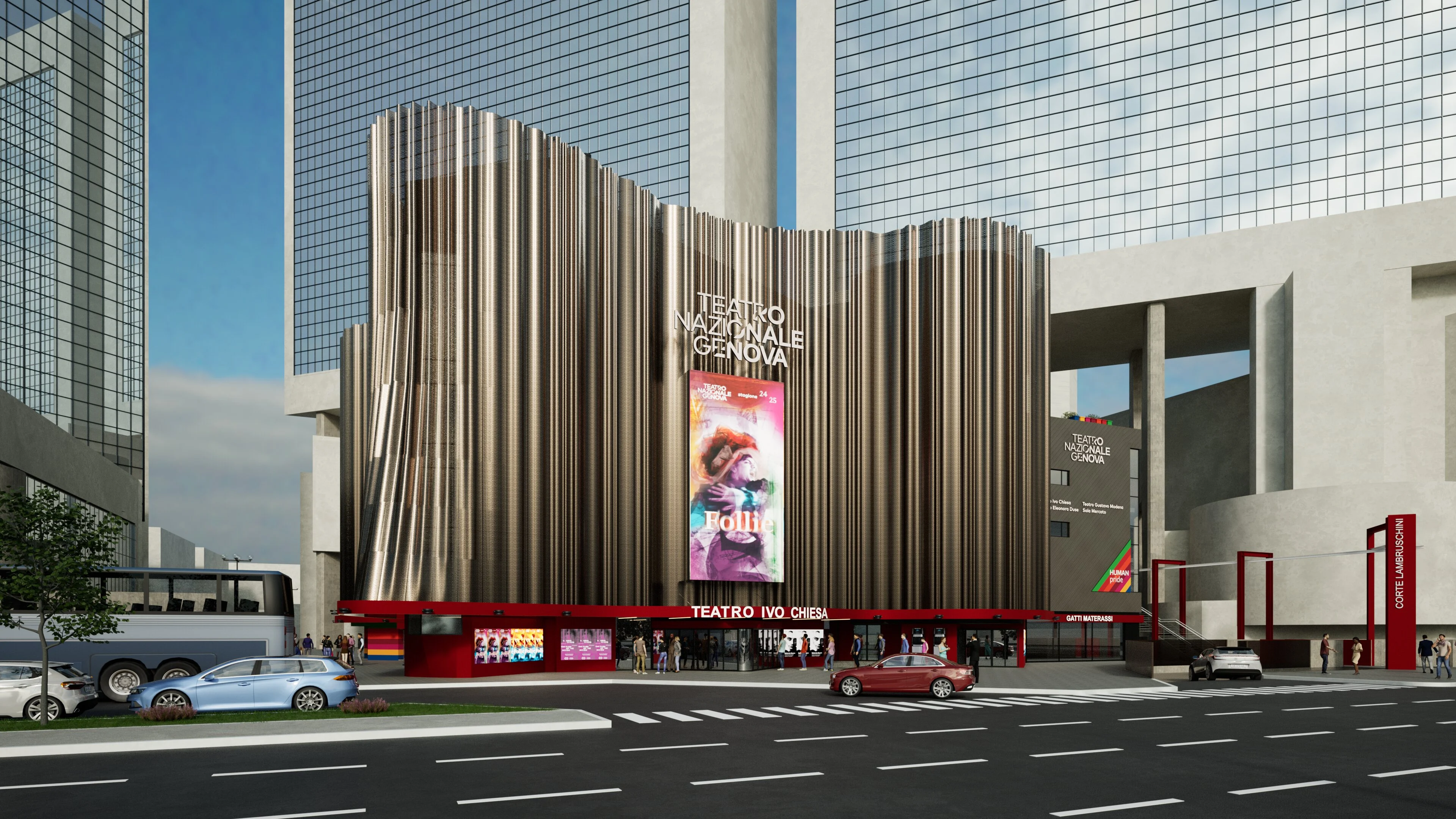 Render del fronte del teatro con rivestimento metallico ondulato, schermo LED e fascia rossa al piano terra – Facciata del Teatro Nazionale Ivo Chiesa, Genova, Italia, 2025 – riqualificazione architettonica