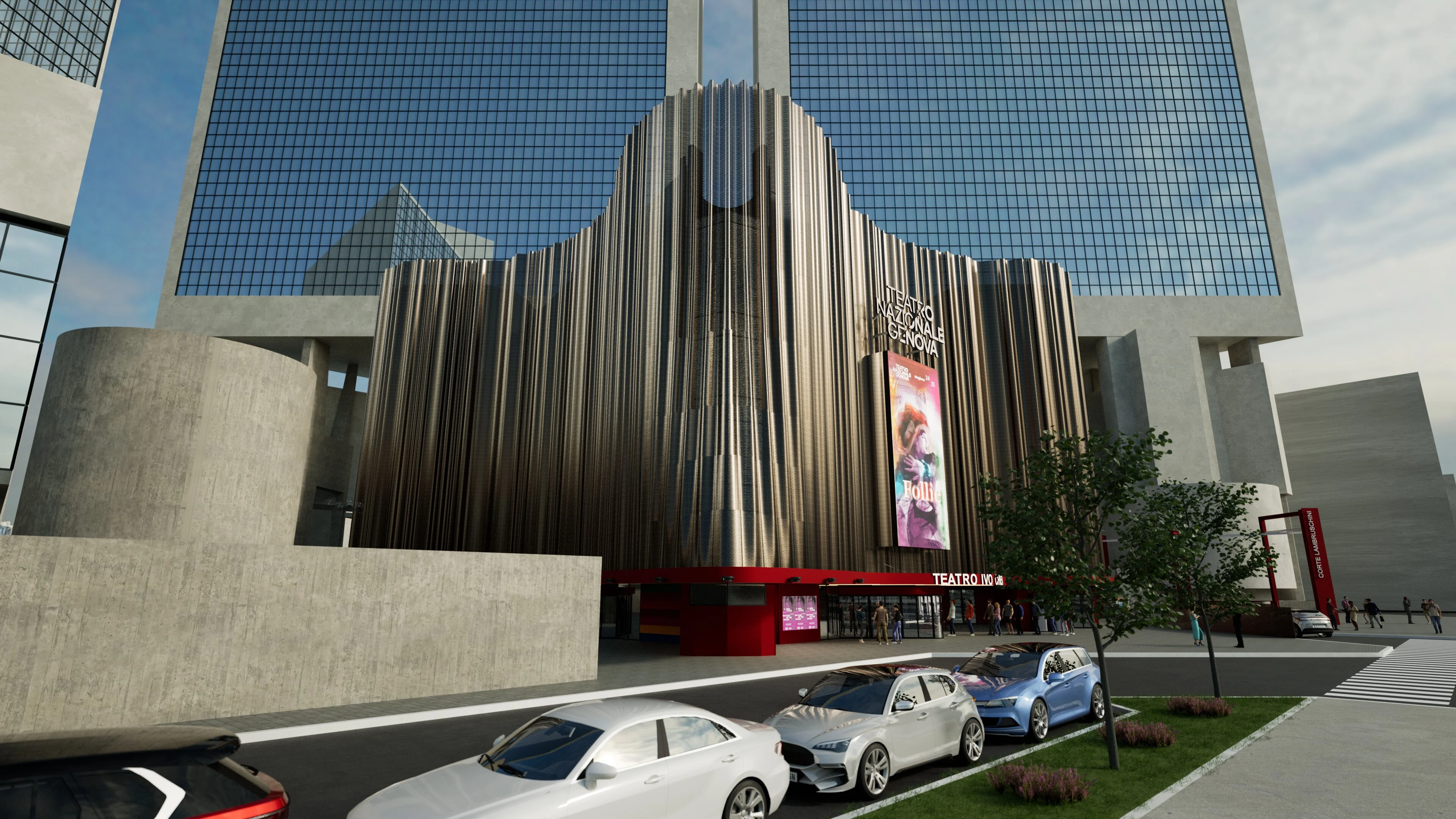 Render di scorcio della facciata, con la cortina metallica plissettata contro una torre di vetro sullo sfondo – Facciata del Teatro Nazionale Ivo Chiesa, Genova, Italia, 2025 – riqualificazione architettonica