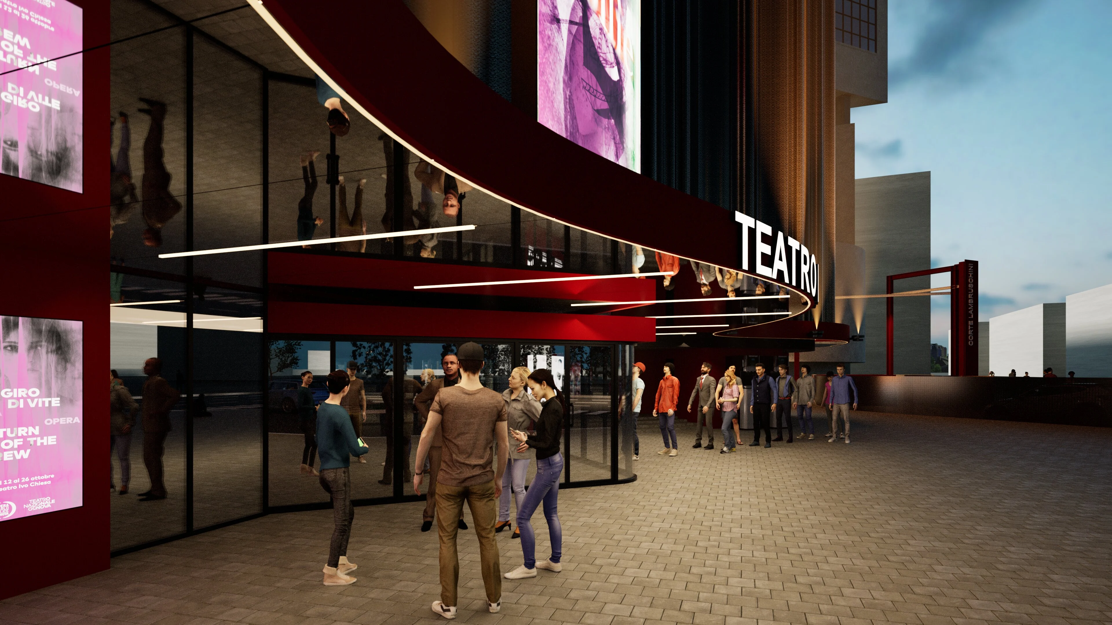Render dell'ingresso del teatro al crepuscolo: pensilina rossa curva, foyer vetrato e visitatori nella piazza – Facciata del Teatro Nazionale Ivo Chiesa, Genova, Italia, 2025 – riqualificazione architettonica