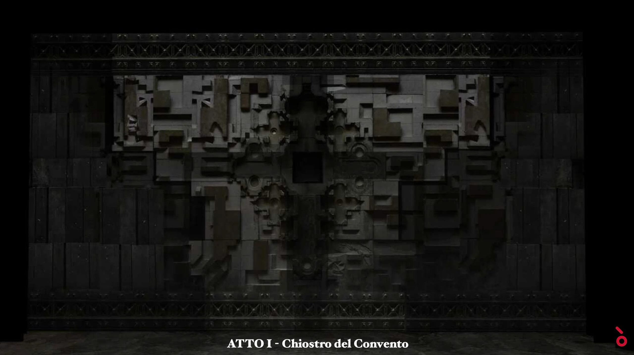 Render della scenografia del chiostro del convento, atto I: scuro muro in pietra scolpita con una croce in rilievo – Don Carlo all'Astana Opera, Kazakistan, 2023 – scenografia d'opera