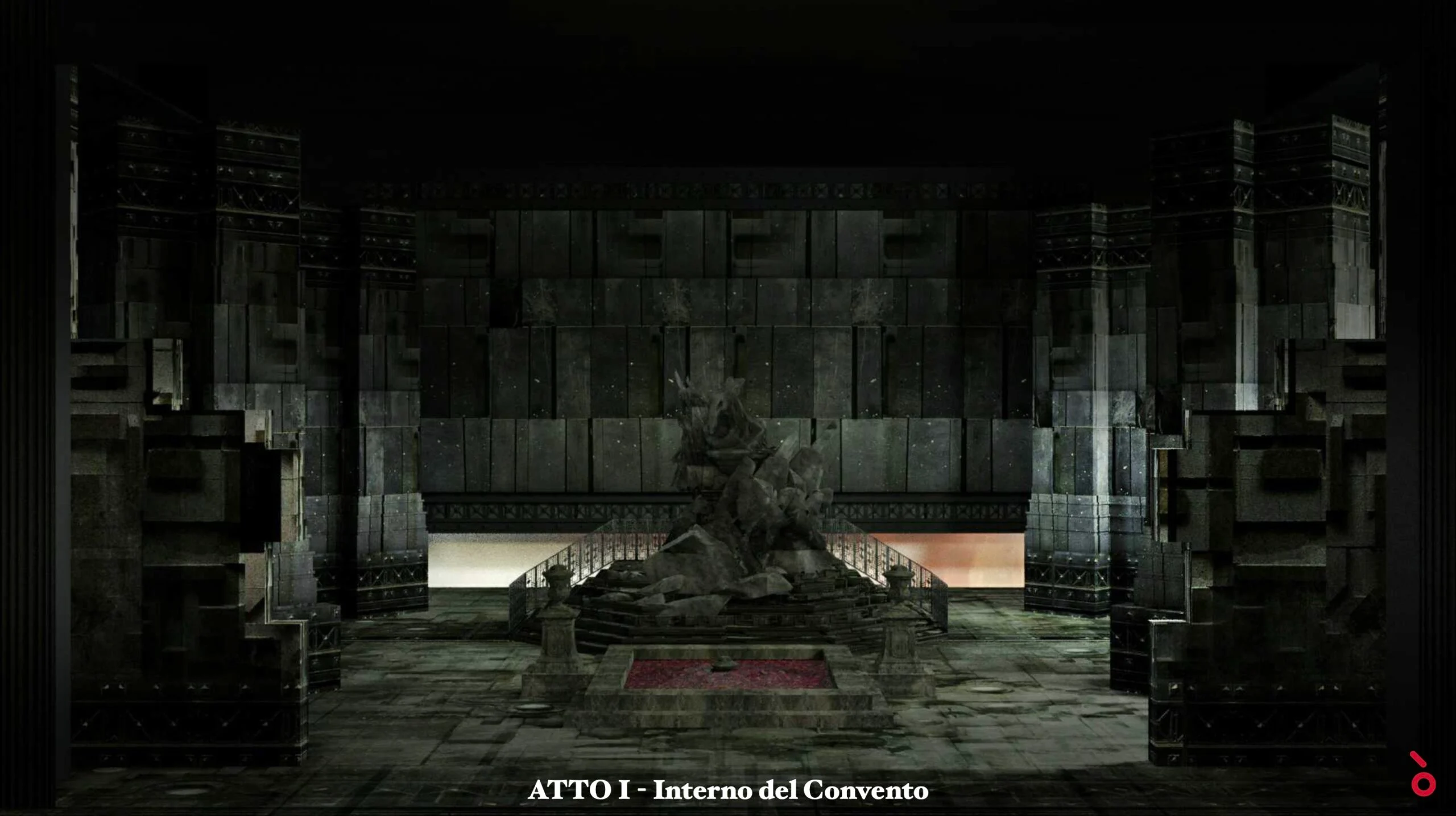 Render dell'interno del convento, atto I: scultura rocciosa sopra una vasca rossa tra torri di pietra – Don Carlo all'Astana Opera, Kazakistan, 2023 – scenografia d'opera