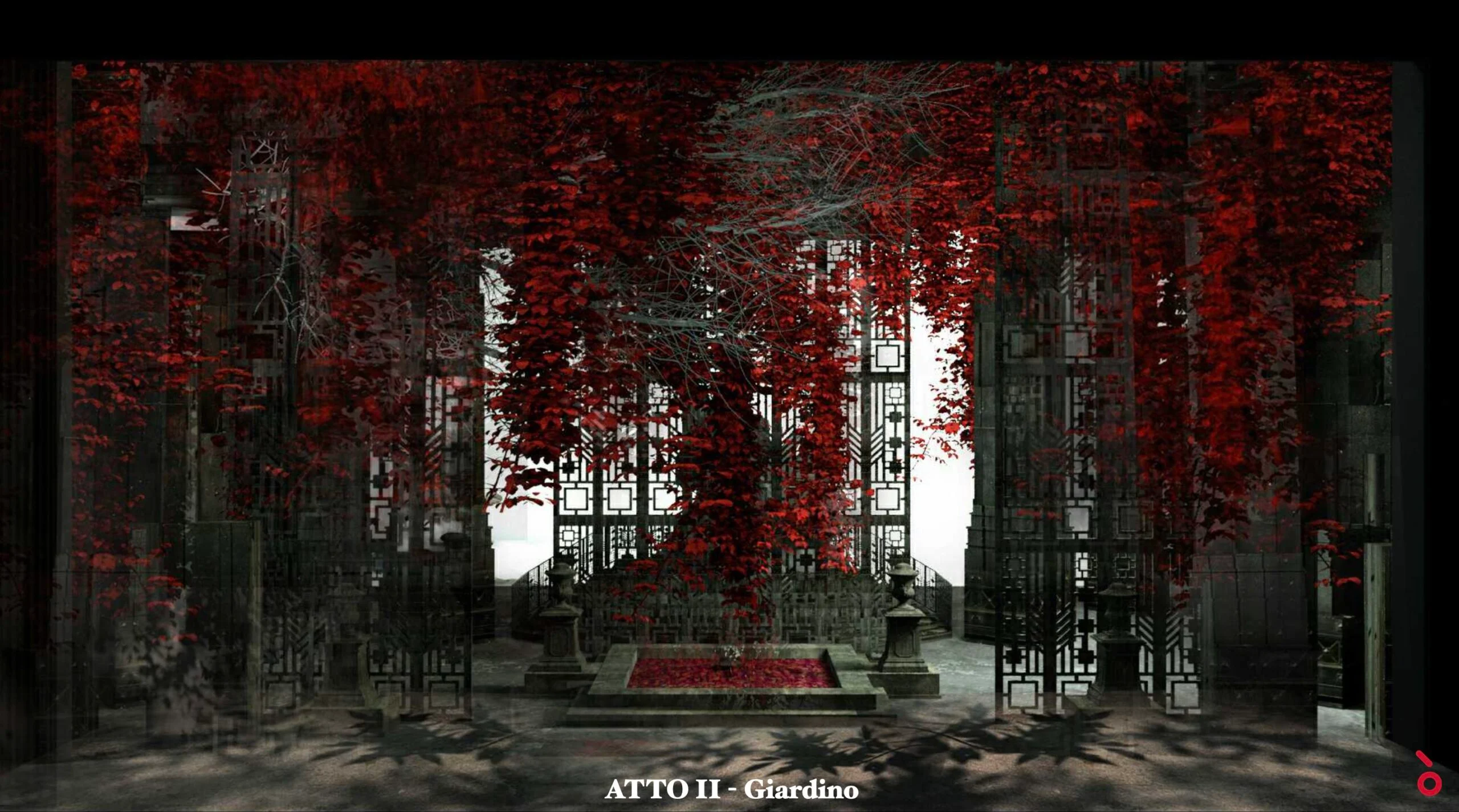 Render della scenografia del giardino, atto II: fogliame rosso che trabocca da cancelli in ferro battuto e una fontana – Don Carlo all'Astana Opera, Kazakistan, 2023 – scenografia d'opera