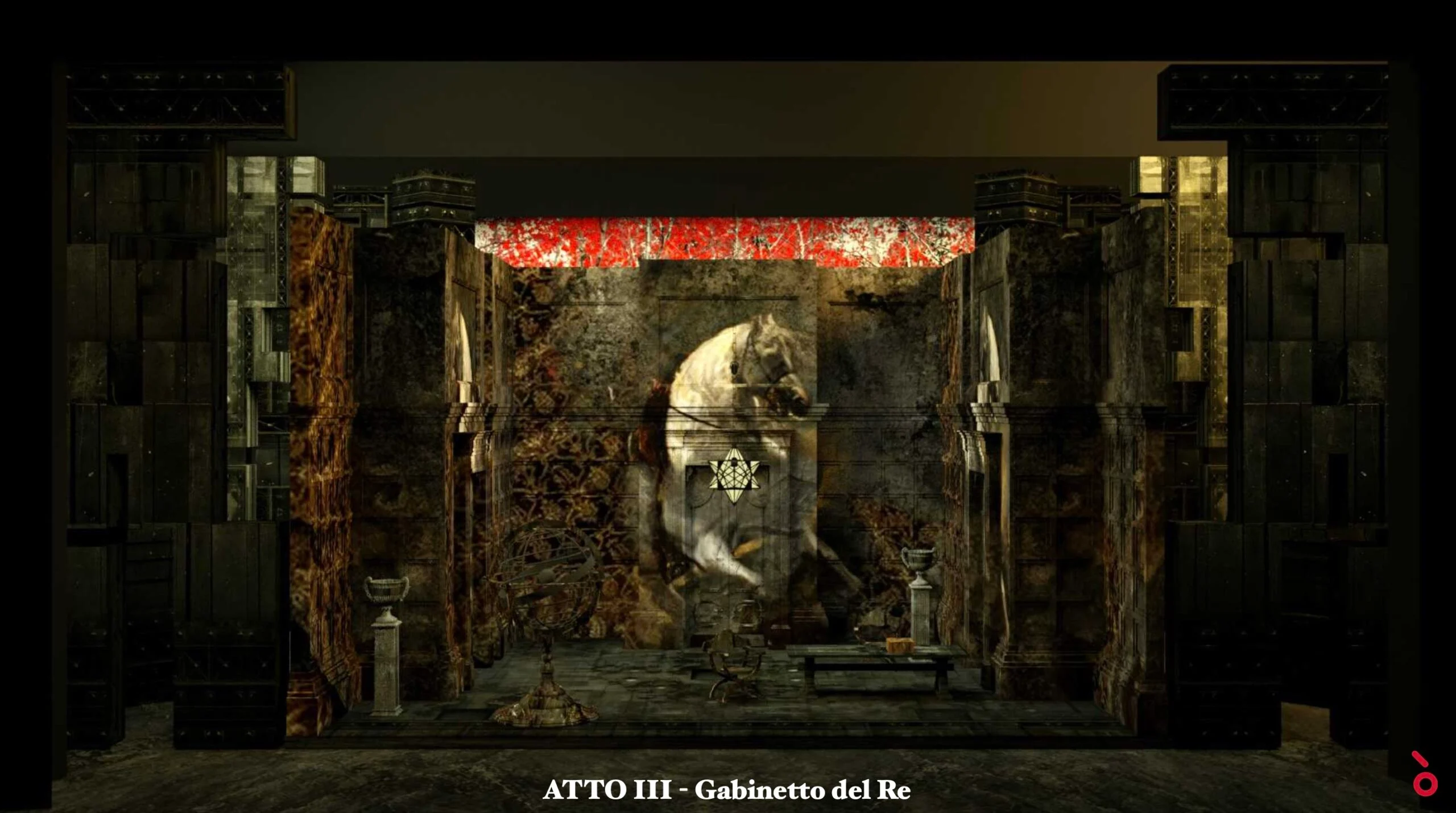 Render dello studio del Re, atto III: pareti scure con un dipinto di un cavallo bianco e un fregio rosso – Don Carlo all'Astana Opera, Kazakistan, 2023 – scenografia d'opera