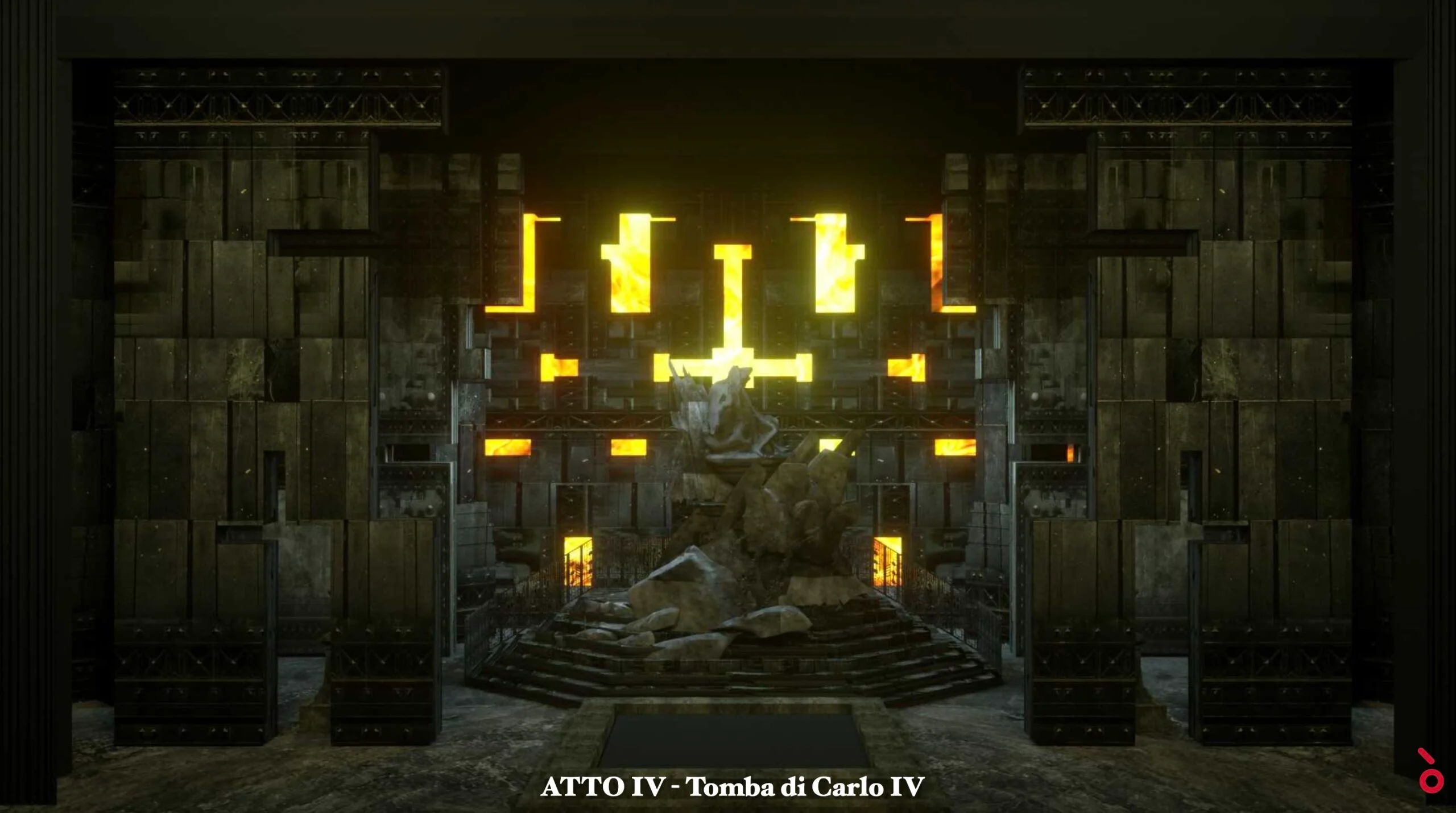 Render della tomba di Carlo V, atto IV, con frammenti gialli luminosi di una croce sopra una tomba nella roccia – Don Carlo all'Astana Opera, Kazakistan, 2023 – scenografia d'opera