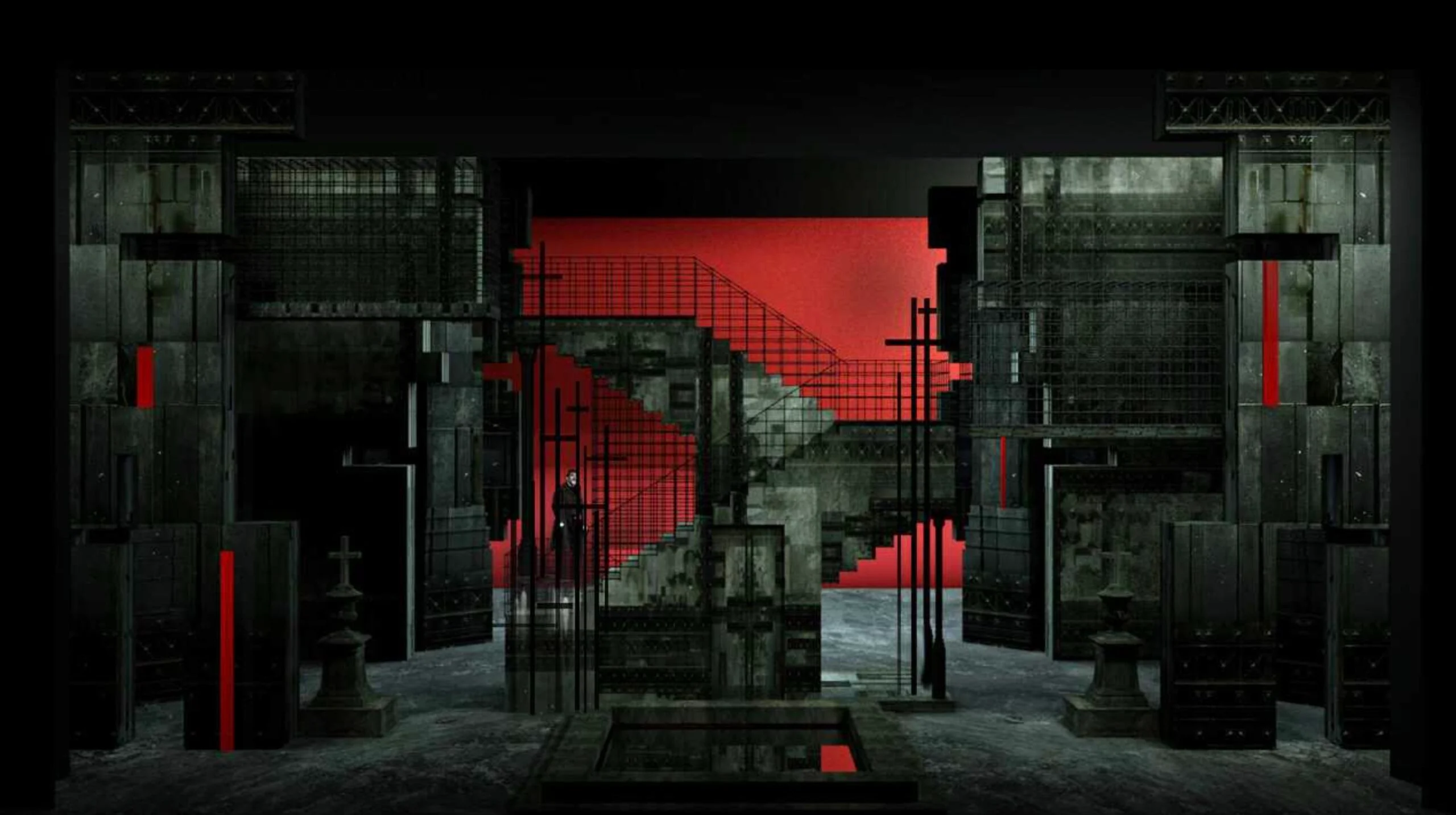 Render della scenografia con una scala illuminata di rosso dietro grate di ferro e alte croci tra torri scure – Don Carlo all'Astana Opera, Kazakistan, 2023 – scenografia d'opera