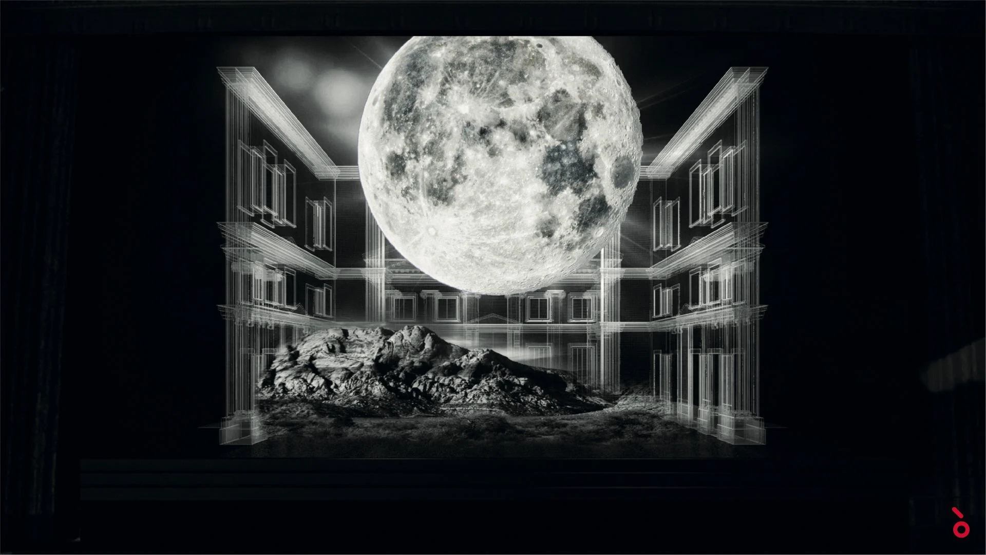 Schizzo di una scenografia con un'enorme luna piena sopra un cumulo roccioso, tra facciate di edifici in wireframe – Un Ballo in Maschera al Teatro Bolshoi, Mosca, Russia, 2018 – scenografia d'opera