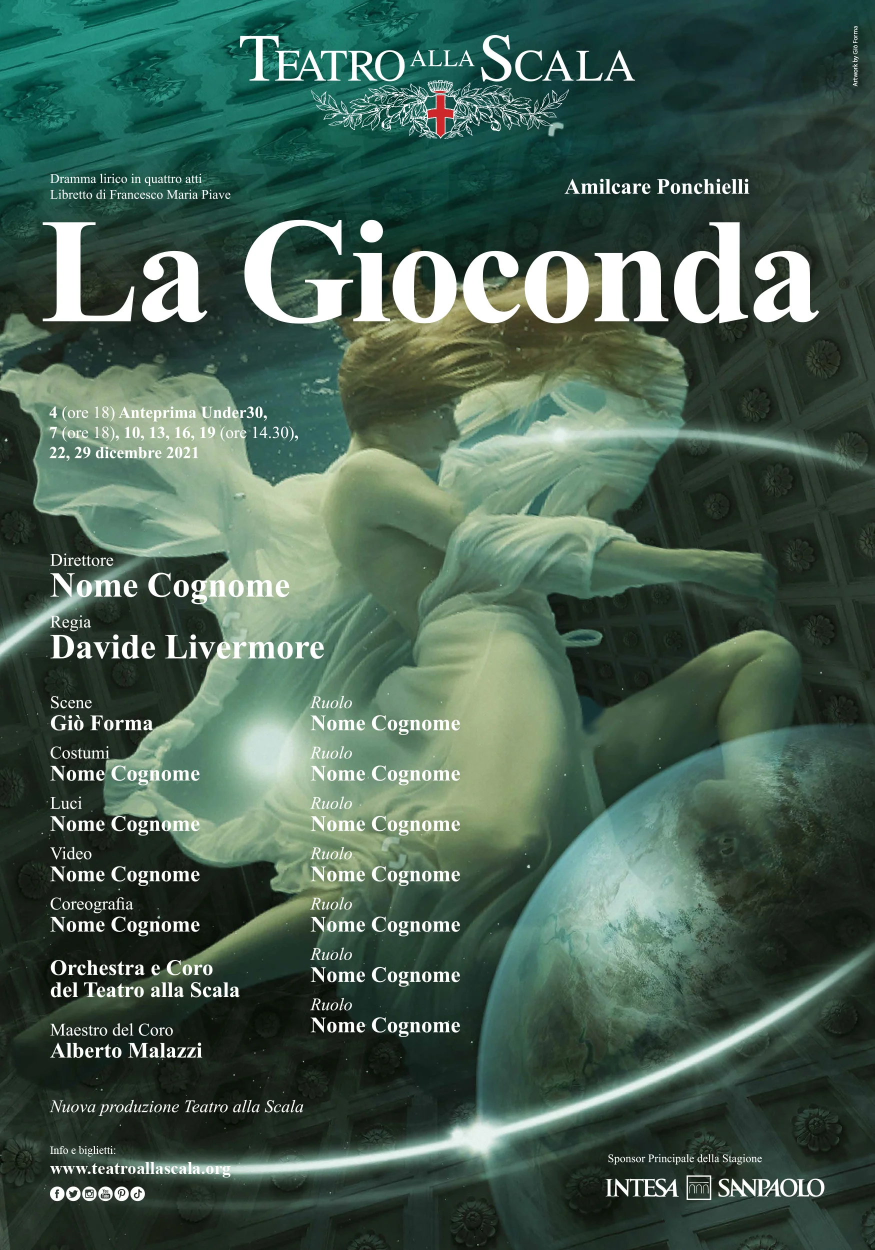 Locandina de La Gioconda al Teatro alla Scala: una donna avvolta in un tessuto bianco fluttuante sott'acqua – Grafica di La Gioconda per il Teatro alla Scala, Milano, Italia, 2021 – graphic design