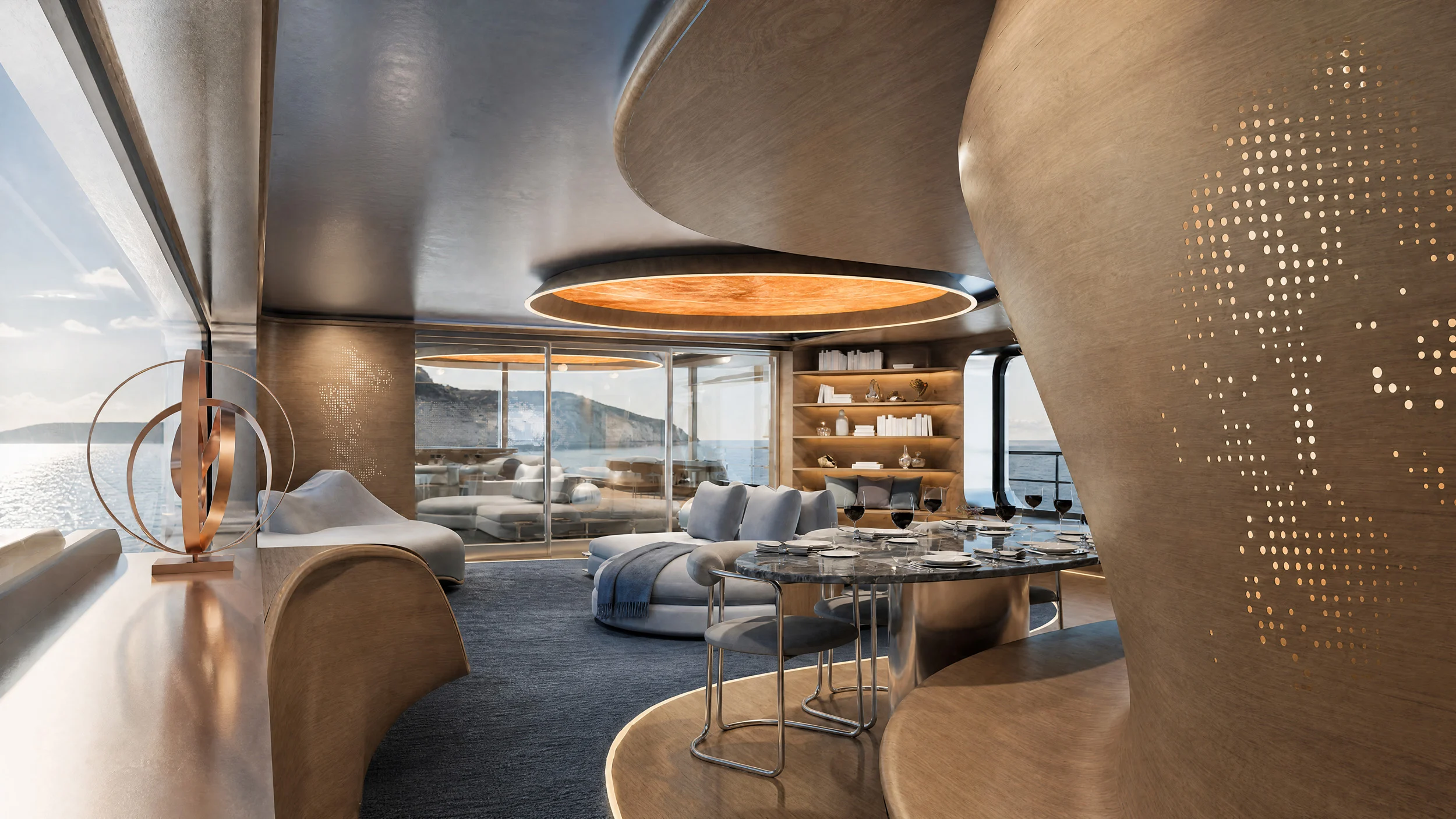 Render del salone principale: pareti in legno scolpito con motivi di luce traforati, divani e un tavolo da pranzo – Morricone Reloaded, Flexplorer 146, 2026 – interior design di yacht, concorso