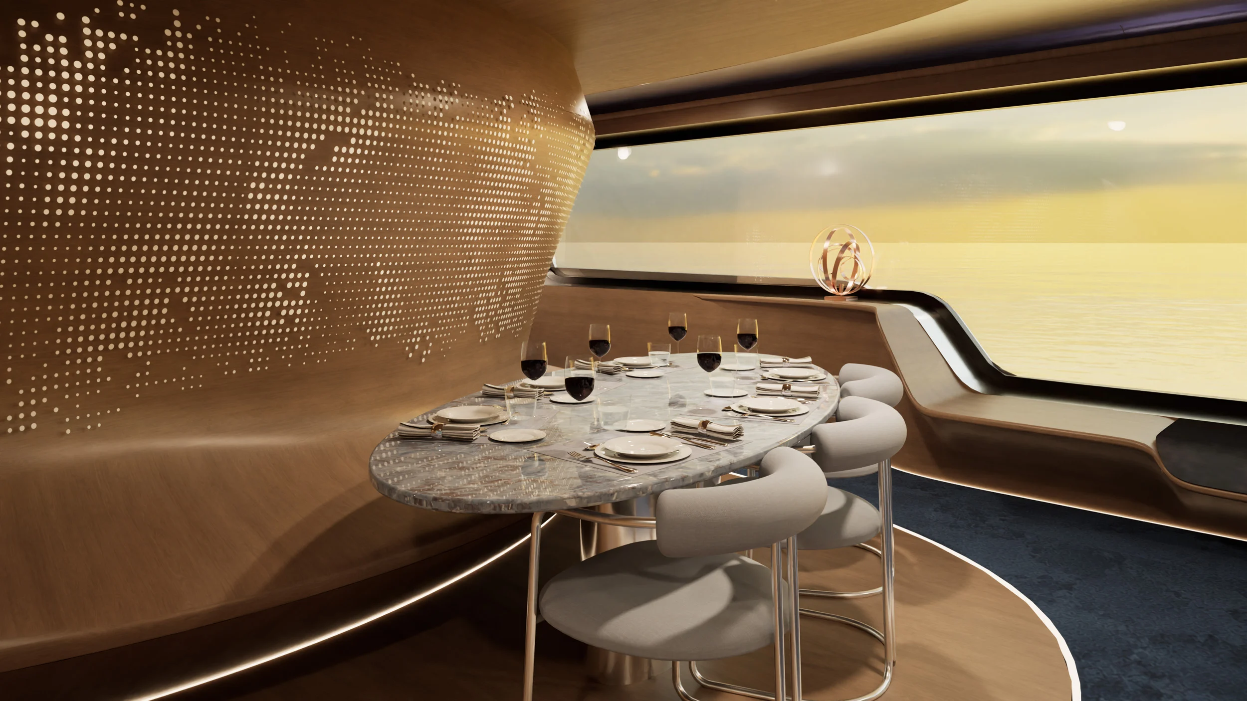 Render di un tavolo da pranzo ovale in pietra apparecchiato per la cena accanto a una lunga finestra sul mare – Morricone Reloaded, Flexplorer 146, 2026 – interior design di yacht, concorso