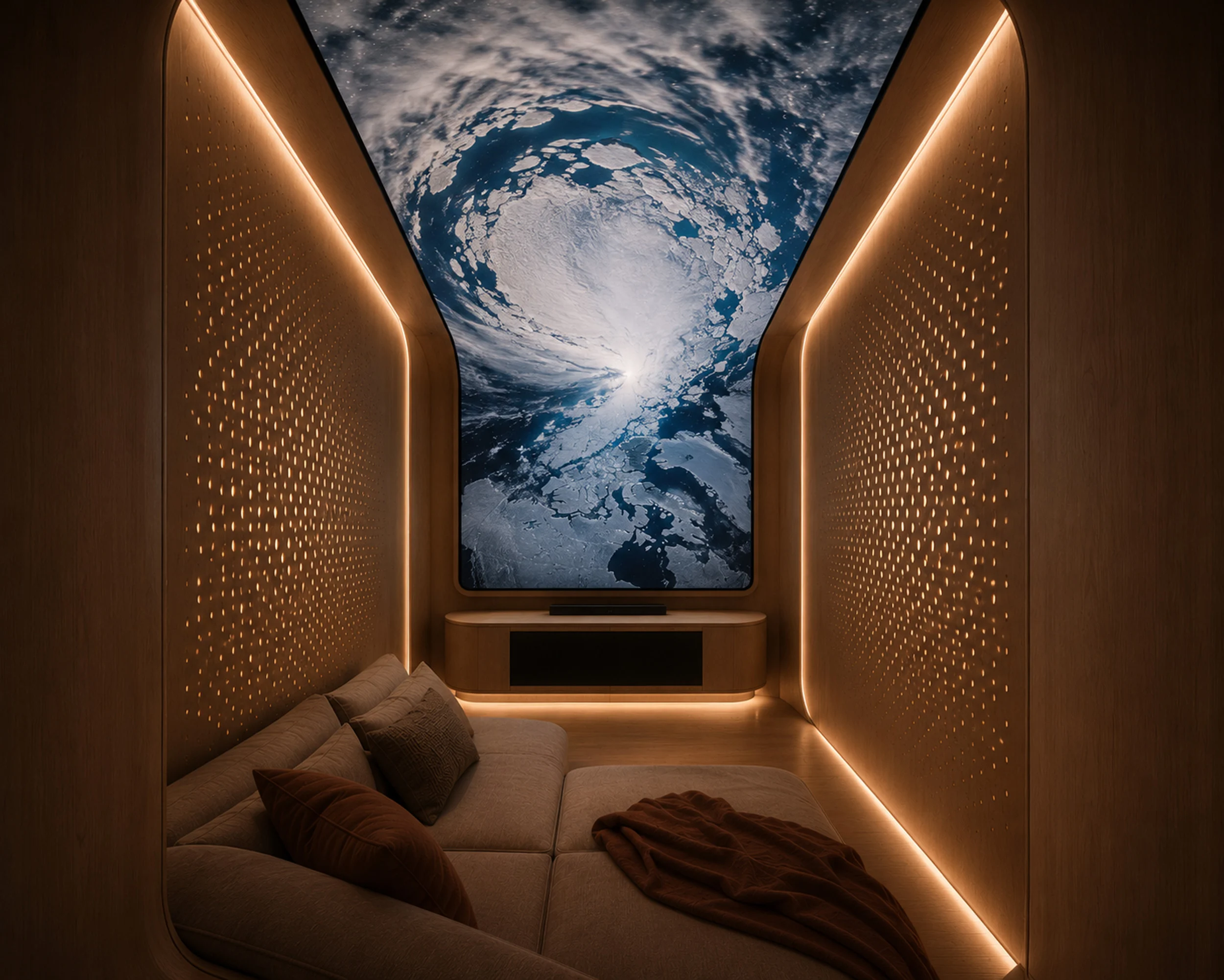 Render di una lounge cinema: divano profondo tra pareti traforate retroilluminate, schermo a soffitto con la Terra vista dallo spazio – Morricone Reloaded, Flexplorer 146, 2026 – interior design di yacht, concorso