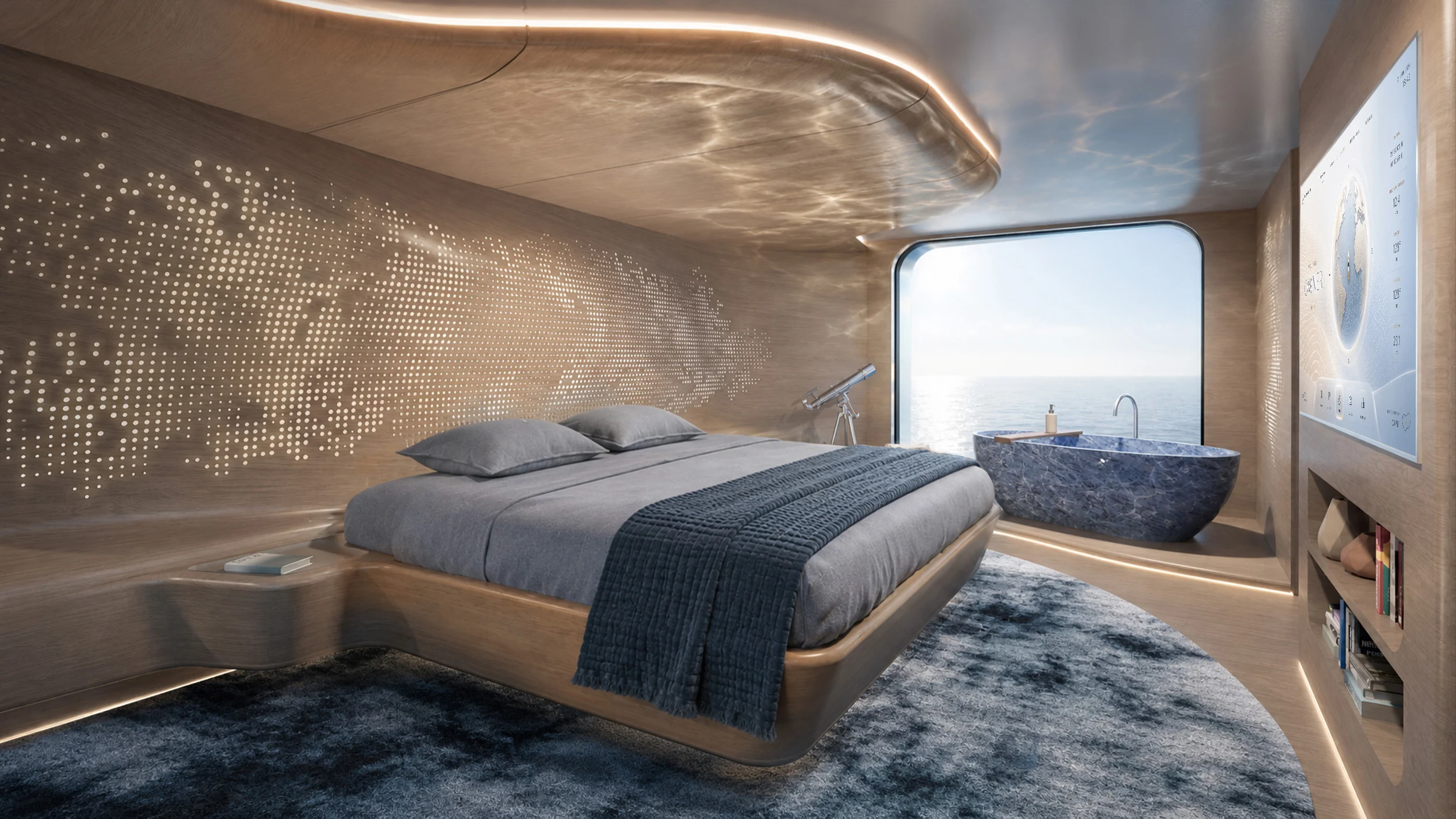 Render della cabina armatoriale di giorno: letto, parete retroilluminata a puntini e vasca in pietra davanti a un'ampia vetrata sul mare – Morricone Reloaded, Flexplorer 146, 2026 – interior design di yacht, concorso
