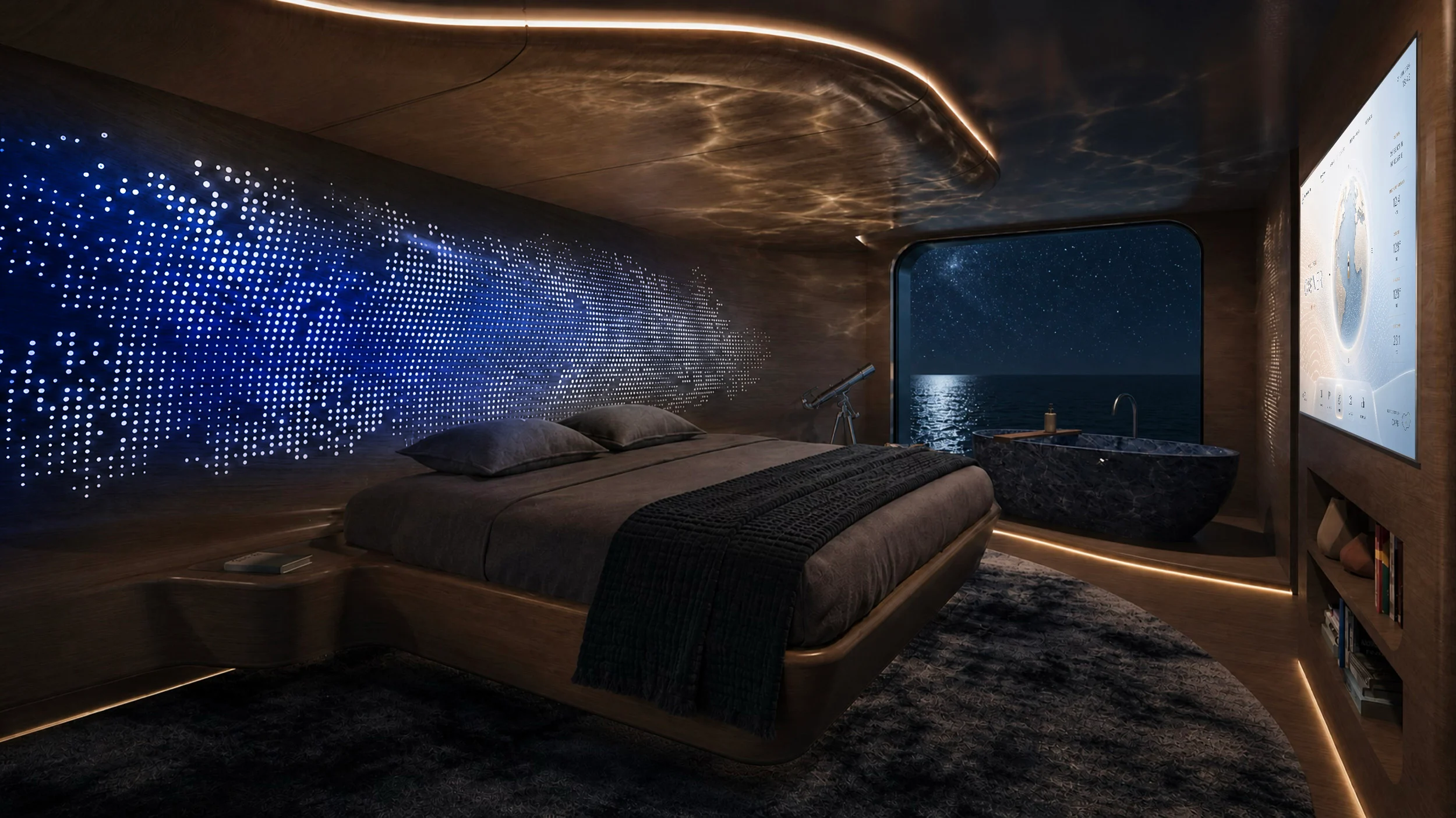 Render della cabina armatoriale di notte, con la parete traforata illuminata di blu e la luce della luna sul mare – Morricone Reloaded, Flexplorer 146, 2026 – interior design di yacht, concorso