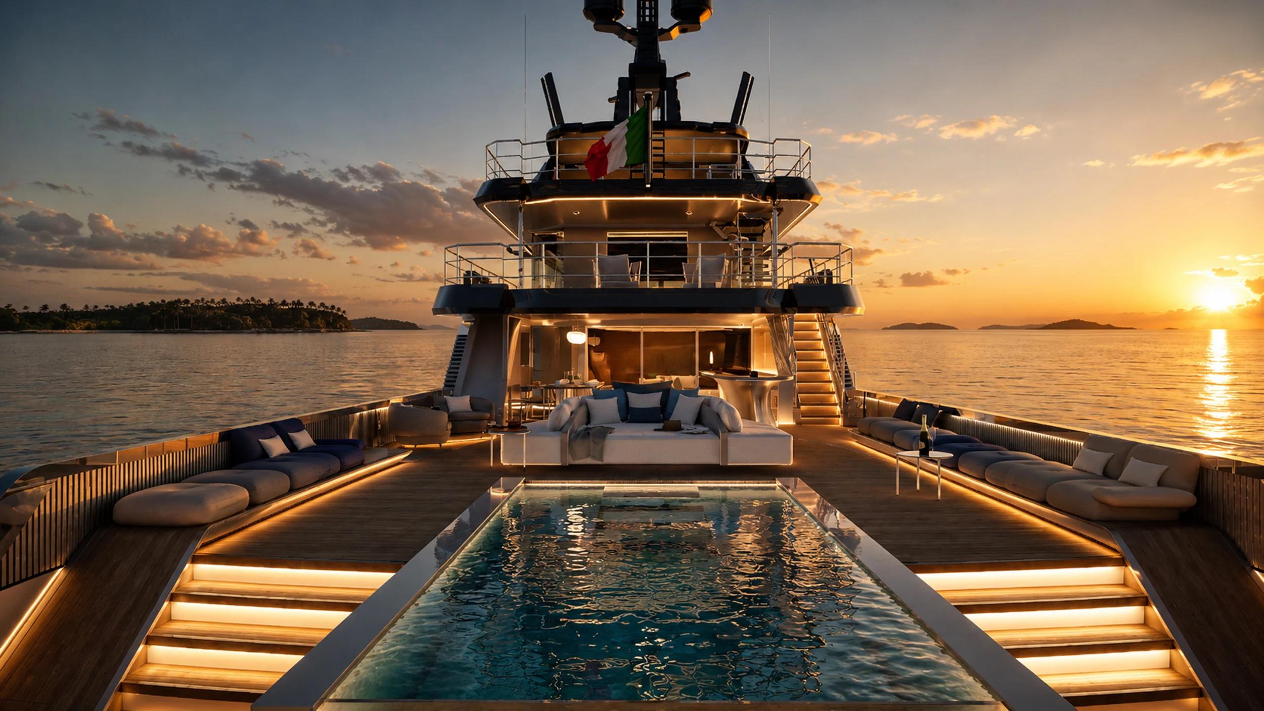 Render del ponte di poppa al tramonto verso prua: piscina illuminata, divani laterali e sovrastruttura a gradoni – Morricone Reloaded, Flexplorer 146, 2026 – interior design di yacht, concorso