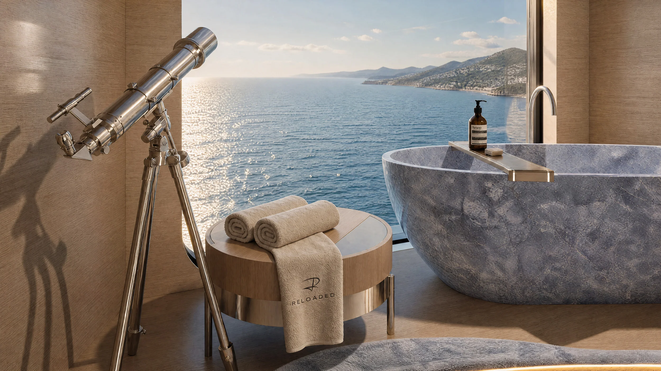 Dettaglio del render: vasca in pietra e telescopio in ottone davanti a una finestra sul mare e sulla costa – Morricone Reloaded, Flexplorer 146, 2026 – interior design di yacht, concorso