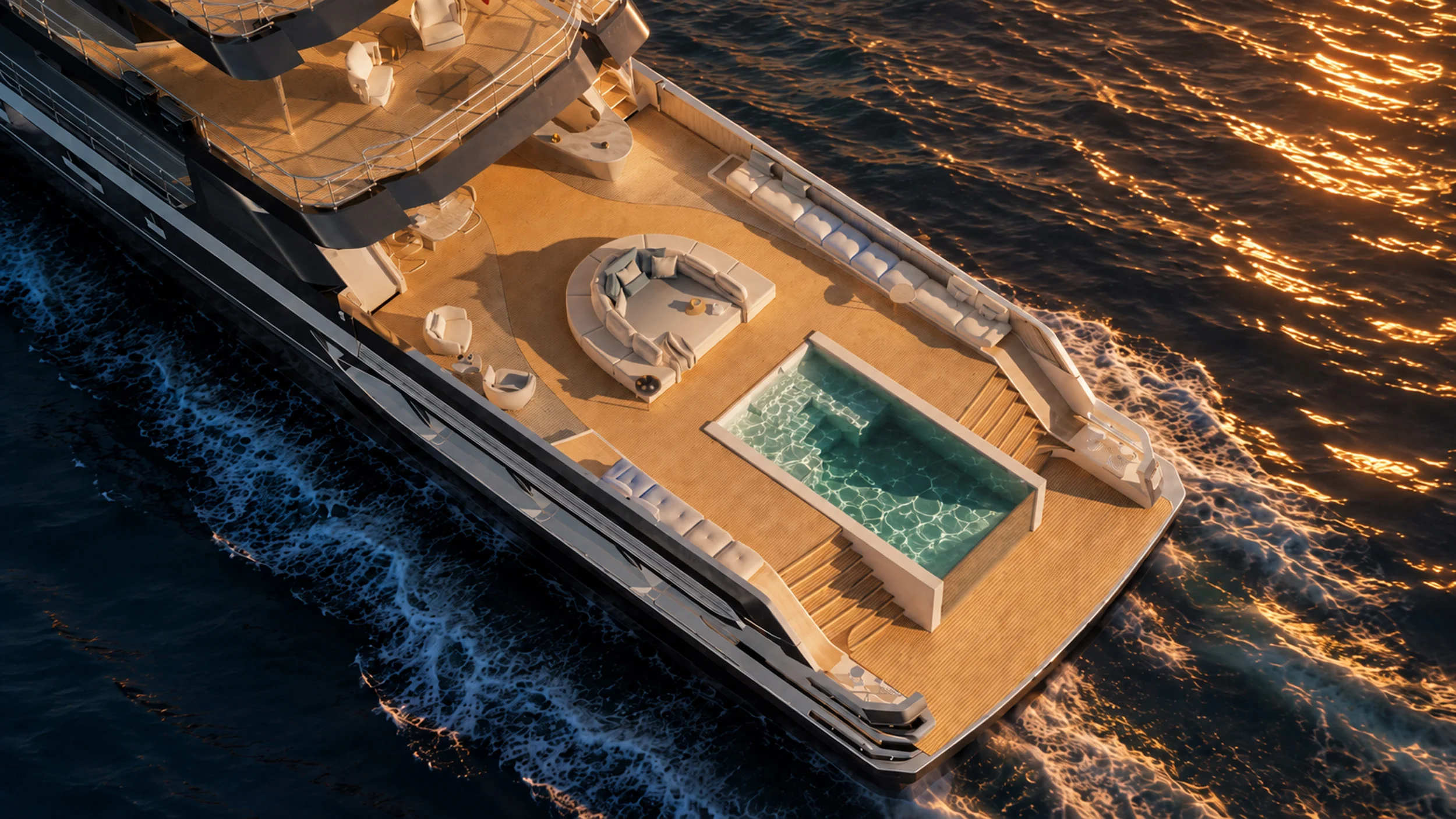 Render del ponte di poppa dello yacht dall'alto al tramonto: piscina, divano rotondo e pavimento in teak sopra la scia – Morricone Reloaded, Flexplorer 146, 2026 – interior design di yacht, concorso