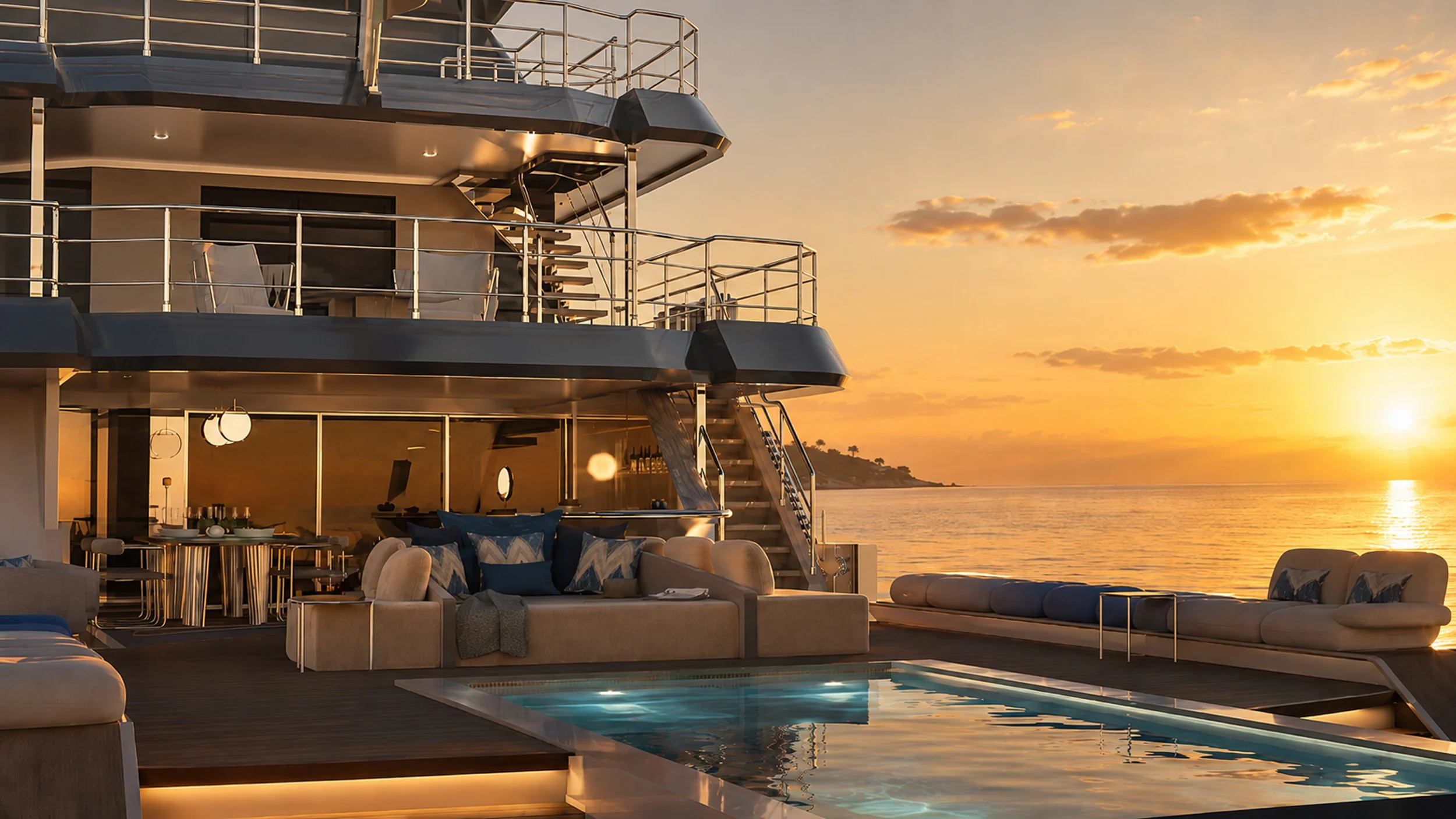 Render della lounge sul ponte di poppa al tramonto, divani rivolti verso la piscina e oltre il mare e il sole che tramonta – Morricone Reloaded, Flexplorer 146, 2026 – interior design di yacht, concorso